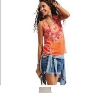 CAbi Merrow Edge Orange Sheer Boho sleeveless Scoop Neck Blouse